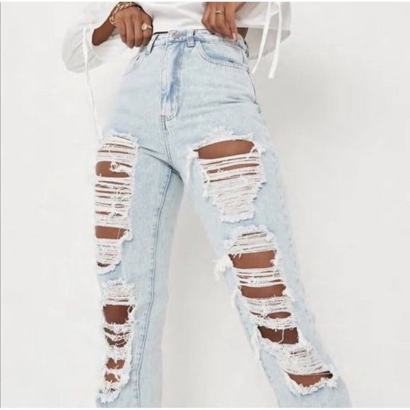 MISGUIDED Riot High Rise Mom Jean Ultra Distressed Ripped Denim Jeans 36 - Picture 2 of 5